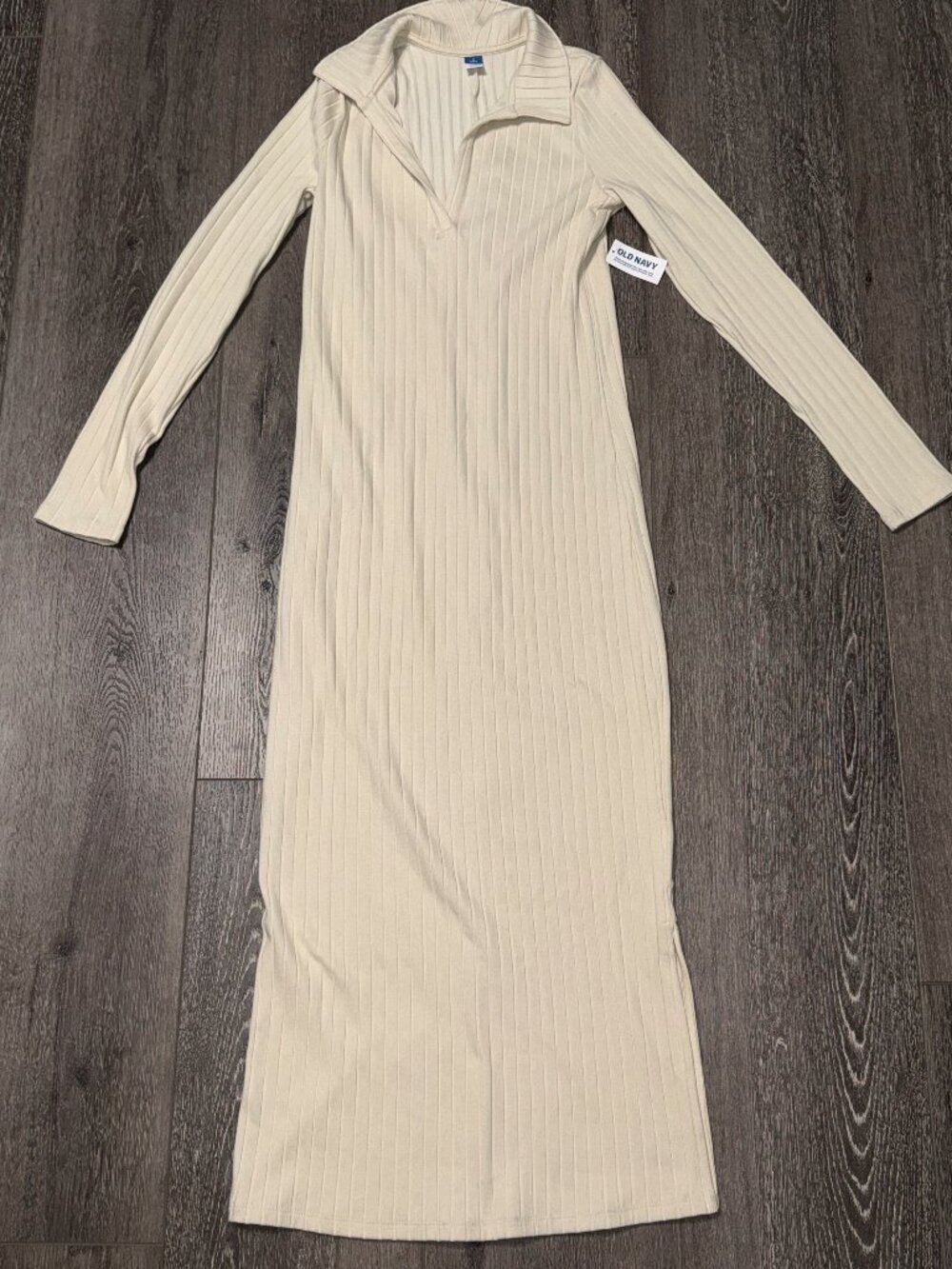 Old Navy Fitted Rib Knit Maxi Dress Long Sleeve Beige Womens S Tall NEW NWT